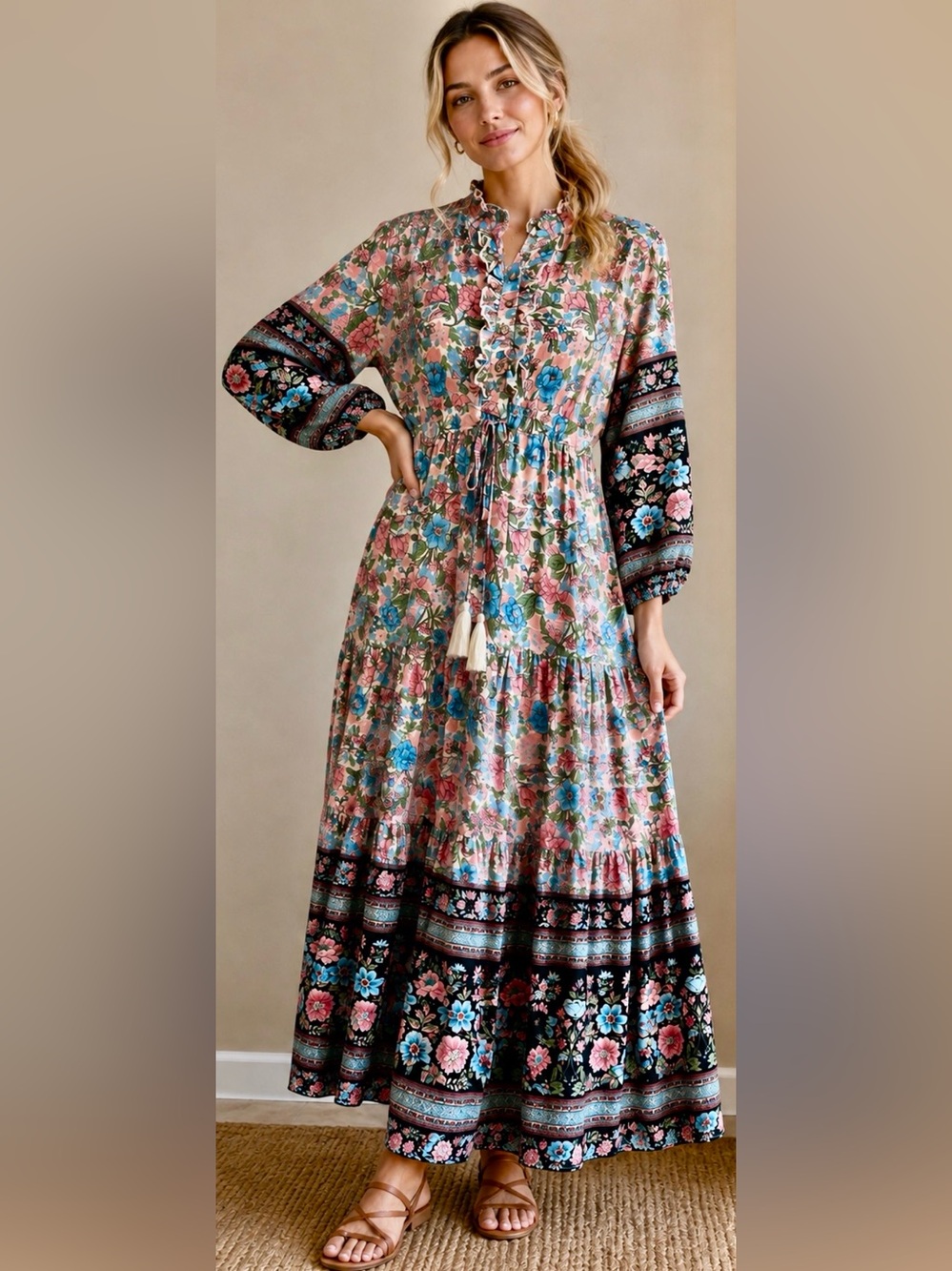 NWOT - Three Bird Nest Floral Tassel Cinch Rayon Maxi Dress - Oversized